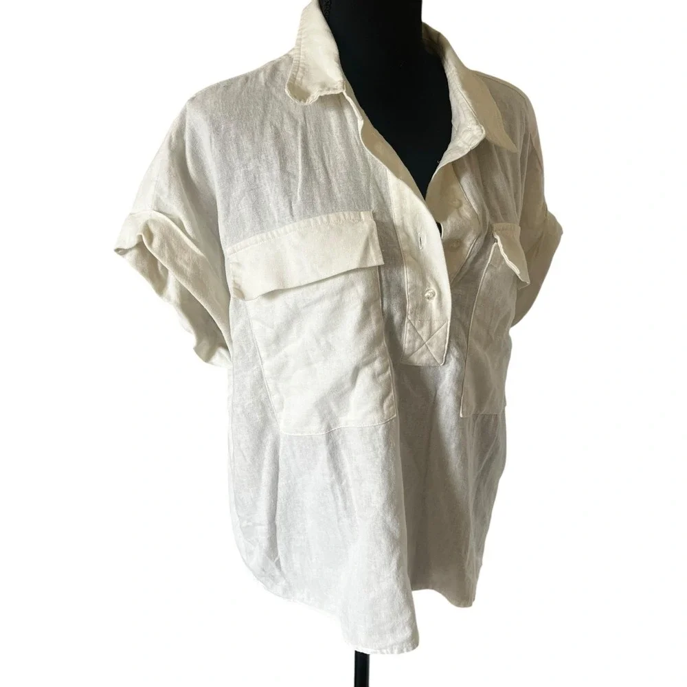 Calvin Klein Womens XL Cream Linen Blend‎ Short Sleeve Utility Henley Blouse Top